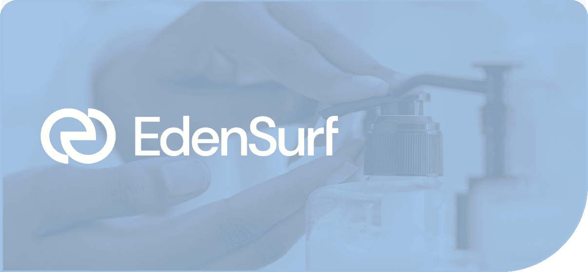 EdenSurf logo over hand pushing soap dispenser